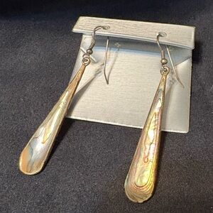 VTG Abalone & Alpaca Silver Tear Drop Shepherds Hook Dangle Earrings 2”